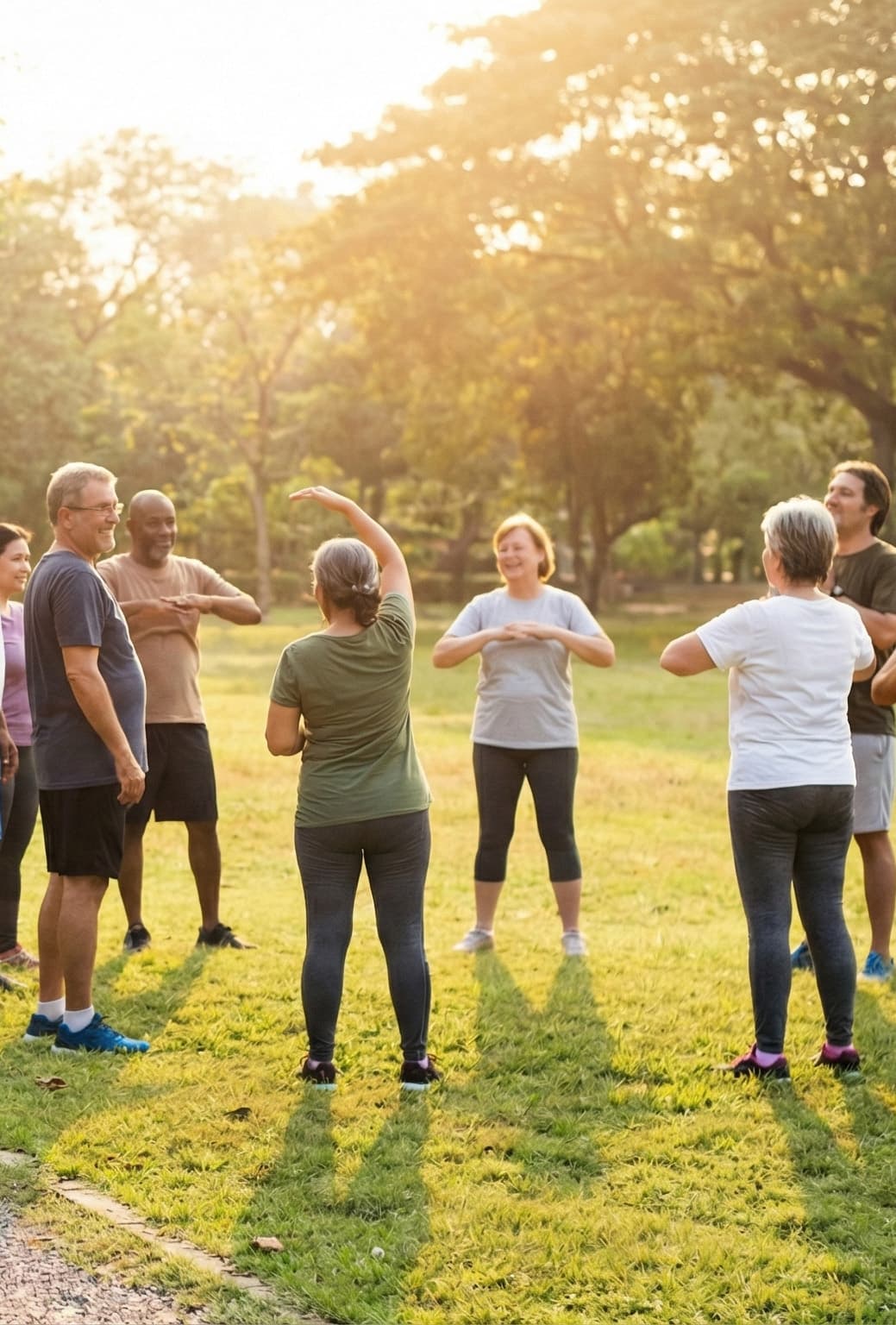 Group of adults doing outdoor stretching and exercise in a park for wellness and health
